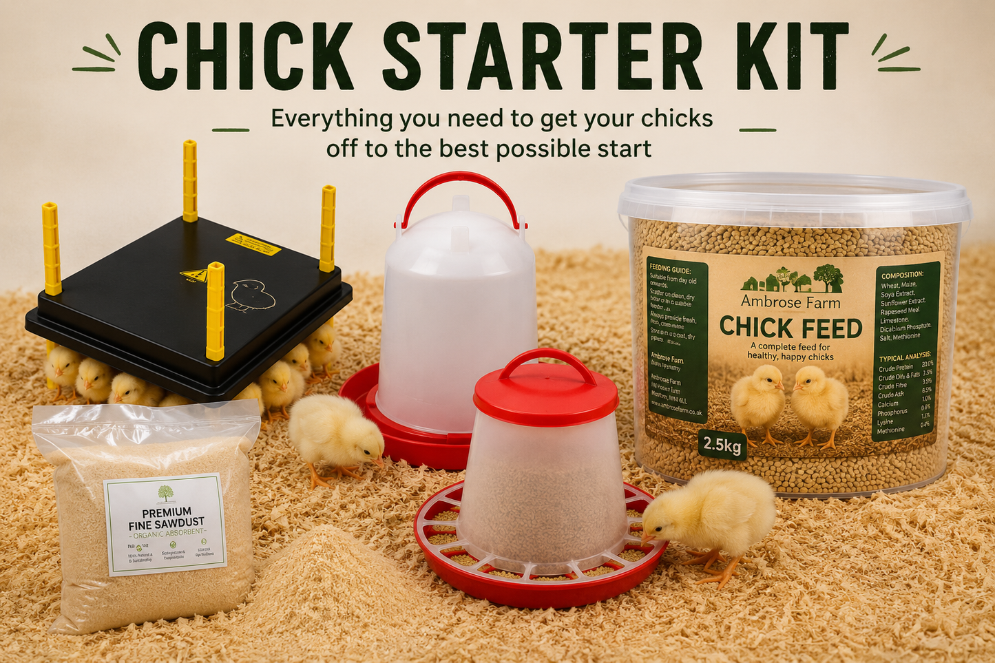 Ambrose Farm Chick Starter Kit – Heat Plate, Feeder, Drinker, Feed & Bedding